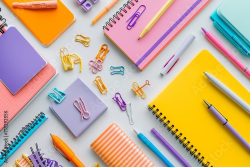 Variety of colorful stationery items, including notebooks, pens, and paper clips, arranged neatly on a white desk
 photo