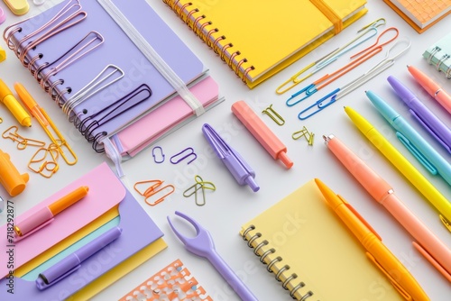 Variety of colorful stationery items, including notebooks, pens, and paper clips, arranged neatly on a white desk 