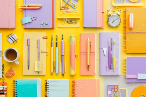Variety of colorful stationery items, including notebooks, pens, and paper clips, arranged neatly on a white desk 