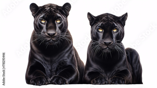 Two black leopards isolated on a white background. Studio shot.
