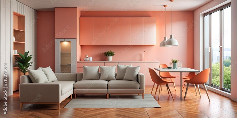 Living Room, Peach fuzz room ,modern minimal kitchen room interior , peach color paint wall. Living Room, Peach fuzz room ,modern minimal kitchen room interior , peach color paint wall.