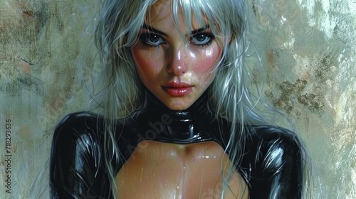  a painting of a woman with white hair and black latex on her body, wearing a black latex outfit and posing for a picture with her hand on her chest. photo