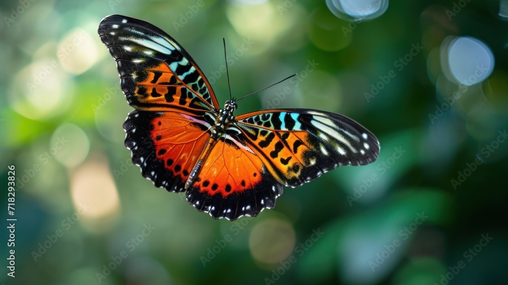 a close up of a butterfly flying in the air with boke of light in the back ground and blurry trees in the back ground in the back ground. a close up of a butterfly flying in the air with boke of light in the back ground and blurry trees in the back ground in the back ground.