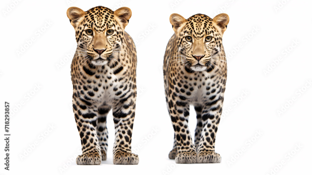 Fototapeta premium Leopard in front of a white background, front and back view