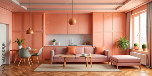 Living Room, Peach fuzz room ,modern minimal kitchen room interior , peach color paint wall. © graphicfest_x