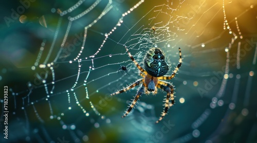  a close up of a spider on it's web with water droplets on it's back and a blurry background of green leaves and yellow and blue. © Jevjenijs