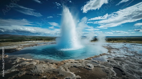  a geyser spewing water into the air from a pool of water in the middle of a field with a blue sky and white cloud filled with white clouds.