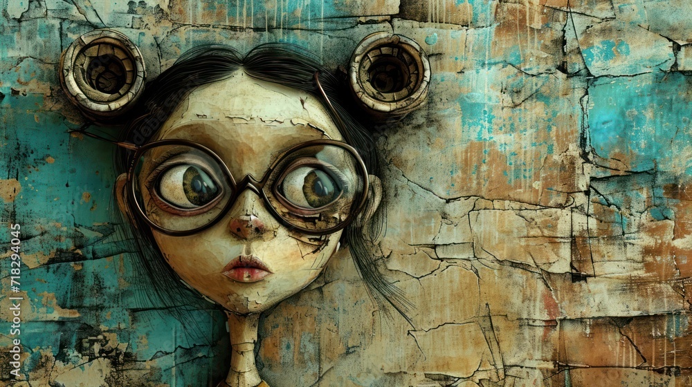  a painting of a woman's face with large round glasses on her face and a grungy blue wall with peeling paint and peeling paint behind her head.