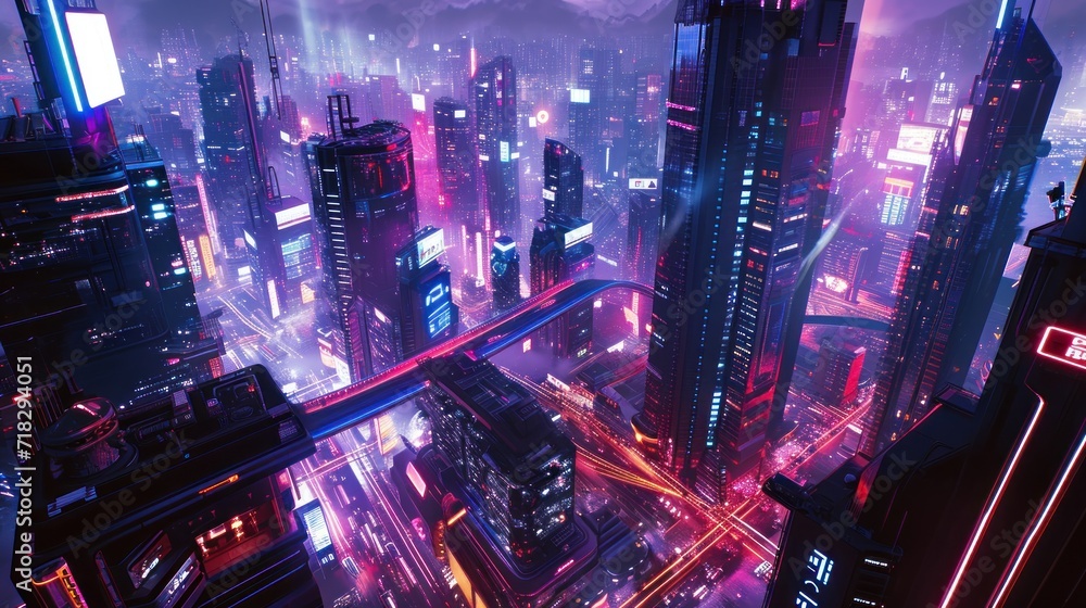  a futuristic cityscape with neon lights and skyscrapers in the foreground, and a red neon light at the top of the skyscrapers in the middle of the city.