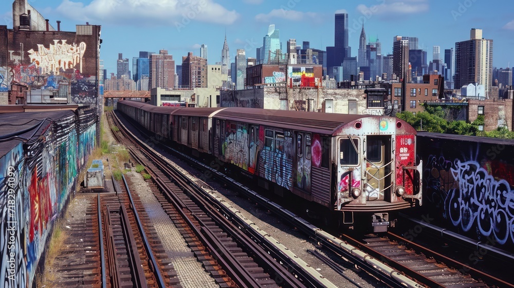  a train with graffiti on the side of it going down the tracks in front of a large city with lots of tall buildings and graffiti on the side of the tracks.