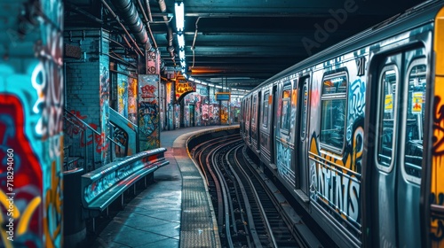  a subway station with graffiti on the walls and a train on the tracks in the foreground, and another train on the other side of the platform in the background. photo