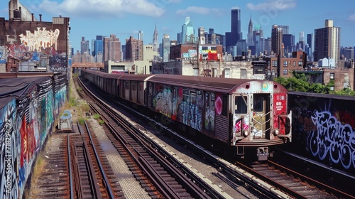  a train with graffiti on the side of it going down the tracks in front of a large city with lots of tall buildings and graffiti on the side of the tracks.