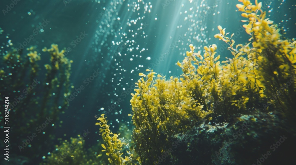 a group of seaweed in the water with sunlight shining through the bubbles of the water on the bottom of the photo and on the top of the bottom of the photo. a group of seaweed in the water with sunlight shining through the bubbles of the water on the bottom of the photo and on the top of the bottom of the photo.