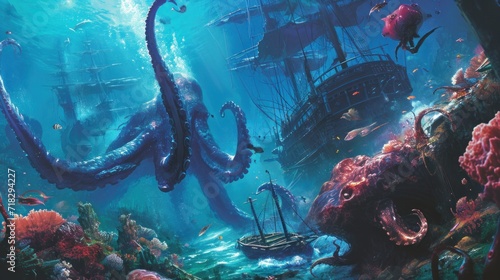 a painting of an octopus attacking a ship in a blue sea with corals and other marine life in the foreground, with a boat in the foreground.