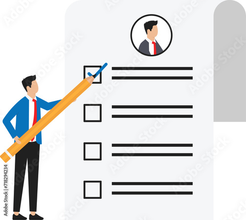 Evaluation or employee assessment and rating or performance review for improvement, satisfaction feedback checklist or measure performance, businesswoman giving tick on evaluation checklist.
