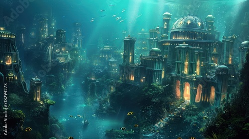  an underwater city with a lot of fish in the water and a lot of lights on the buildings and the water is blue and there is a lot of fish swimming in the water.