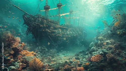  a ship in the middle of the ocean with lots of corals on the bottom and bottom of the water and a lot of fish on the bottom of the water.