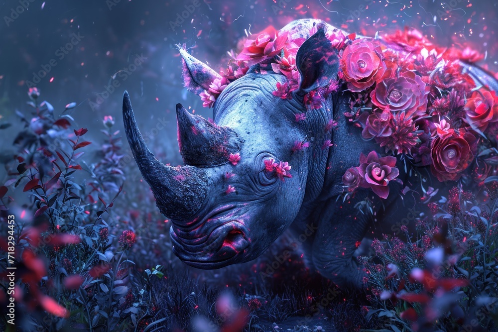  a rhino with a bunch of flowers on it's head in the middle of a field of grass and flowers on it's back of it's head.