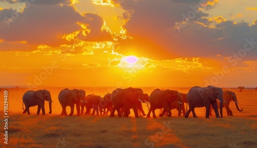  a herd of elephants walking across a dry grass field under a cloudy sky with the sun setting in the distance in the distance, with a few clouds in the foreground. © Jevjenijs