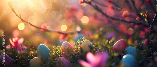  a close up of a bunch of eggs in a field of grass with flowers in the foreground and a blurry background of boket lights in the background.