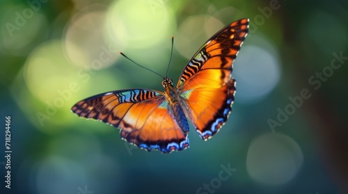  a close up of a butterfly flying in the air with boke of light in the back ground and a blurry background in the foreground of the image.