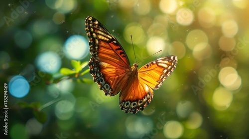  a close up of a butterfly flying in the air with a blurry background of green leaves and boke of light coming from the top of the top of the wing.