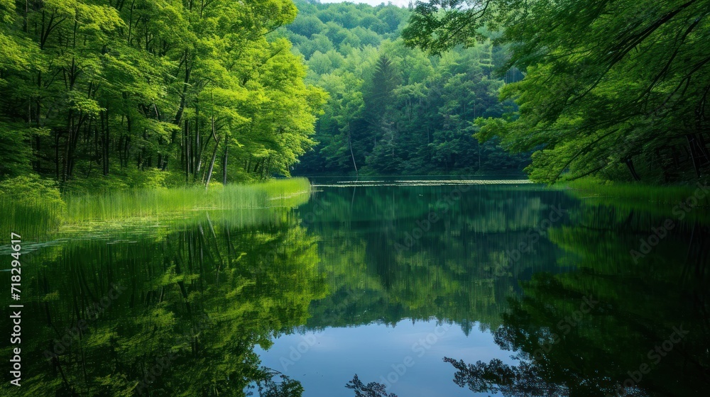  a body of water surrounded by trees and a forest filled with green leaves on both sides of the water is a calm body of water surrounded by lush green trees.