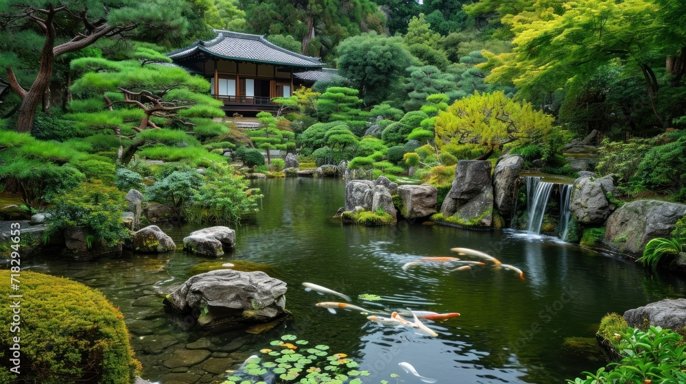  a pond filled with lots of water surrounded by lush green trees and a japanese style building with a waterfall in the middle of the pond is surrounded by koi.