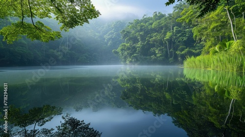 a body of water surrounded by lush green trees and a forest filled with lots of tall green trees on either side of the water is a large body of water.