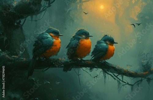  three birds sitting on a tree branch in a forest with a full moon in the background and birds in the foreground, and birds in the foreground, in the foreground. © Jevjenijs