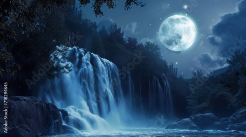  a night scene of a waterfall with a full moon in the sky and a full moon in the sky above the waterfall and a full moon in the sky above the water.