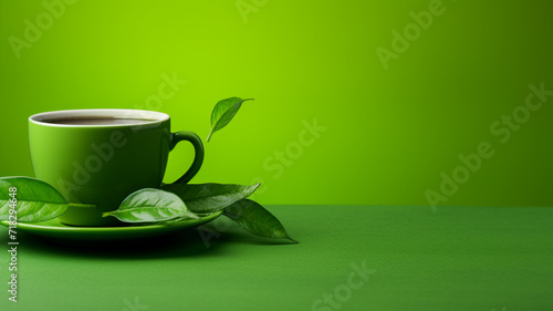 cup of green tea and leaves on green background