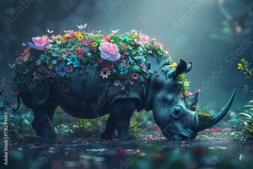  a rhino with flowers on it s back and a body of water in the middle of it s body is surrounded by plants and flowers on its back.