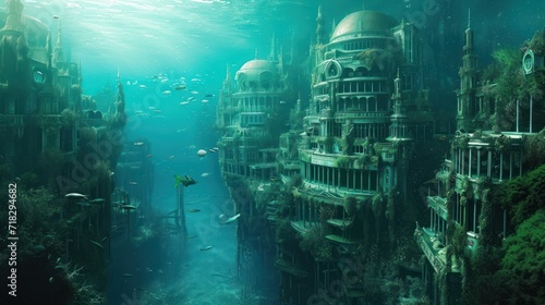  an underwater view of a city with a lot of buildings and fish swimming in the water near the bottom of the picture is an underwater view of a city with lots of fish swimming in the water.