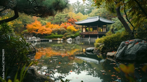  a pond surrounded by rocks and trees with a pavilion in the middle of the pond surrounded by rocks and trees with orange and yellow leaves on both sides of the pond.