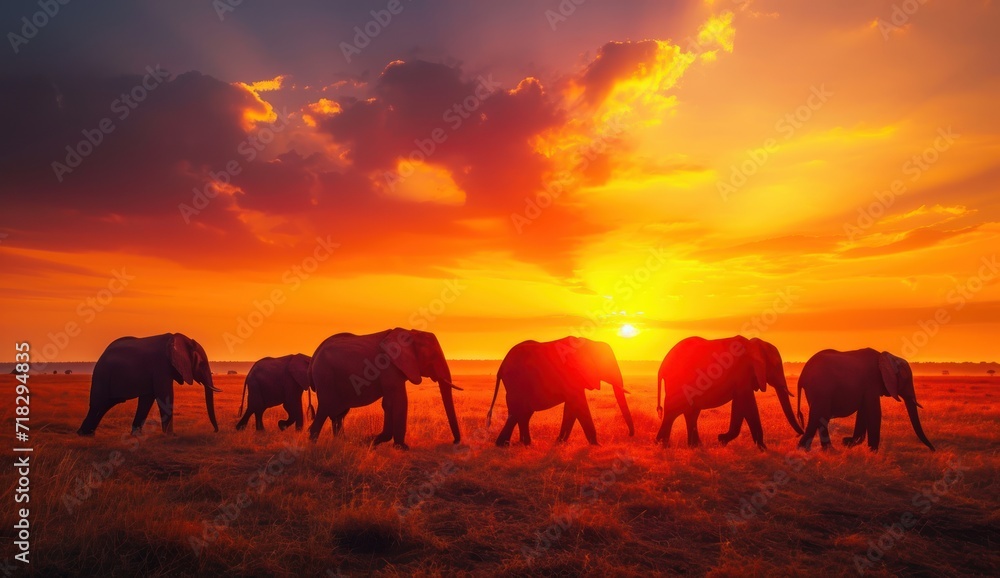  a herd of elephants walking across a grass covered field under a bright orange and blue sky with the sun setting in the middle of the middle of the horizon behind them.