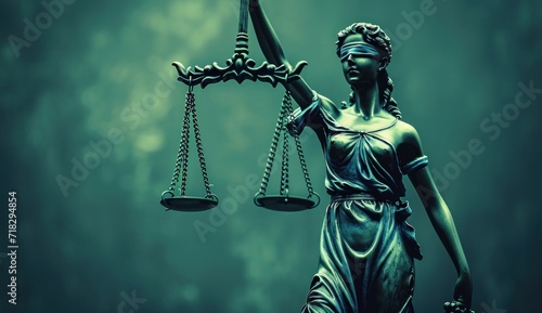  a statue of a lady justice holding a scale of justice in front of a dark green background with the word justice written on the side of the scale of the scale. © Jevjenijs