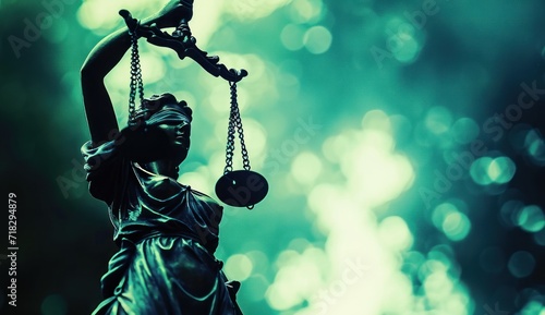  a statue of a lady justice holding a scale with a bird on it's arm and a bird on top of it's arm, in front of a green background.