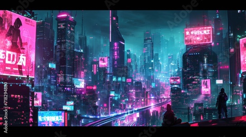 Fotografia a futuristic cityscape with neon lights and a man standing on a ledge looking at a neon cityscape with neon lights and a man standing in the foreground