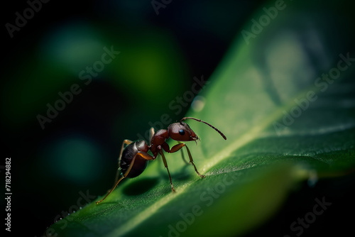 Macro image showcasing intricate details of an ant on a green leaf
