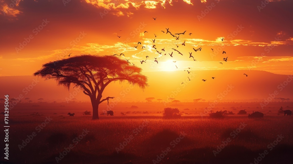 a sunset with a flock of birds flying in the sky and a tree in the foreground with a herd of elephants in the foreground and elephants in the background. a sunset with a flock of birds flying in the sky and a tree in the foreground with a herd of elephants in the foreground and elephants in the background.
