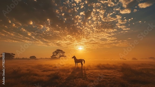  a horse standing in the middle of a field with the sun setting in the background with clouds in the sky and the sun setting in the middle of the field. photo