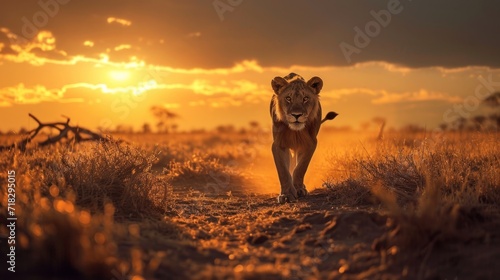  a lion walking down a dirt road in the middle of a field with the sun setting in the background and a few clouds in the sky above the lion's head.