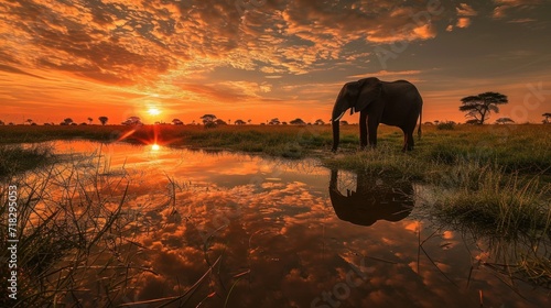  a large elephant standing on top of a grass covered field next to a body of water with the sun setting in the sky in the back of the elephant's back. © Jevjenijs