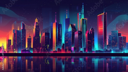  a night scene of a city with skyscrapers and a lake in the foreground with a reflection of the city lights on the water and the city lights in the background. photo