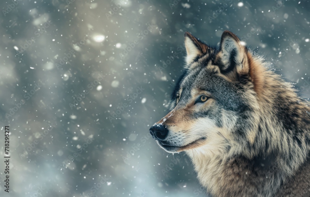  a close up of a wolf in the snow with snow flakes on it's back and a blurry background of snow flecks in the foreground.