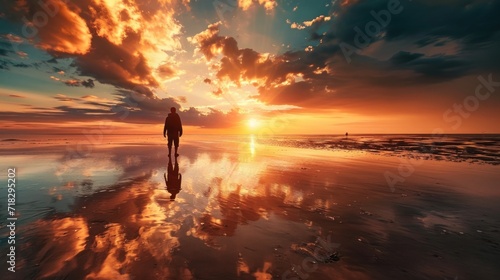  a person standing on a beach with the sun setting in the background and clouds reflected in the wet sand of the beach, while the sun is setting in the distance.