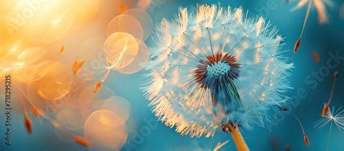  a close up of a dandelion on a blue background with a blurry image of the dandelion in the foreground of the dandelion.