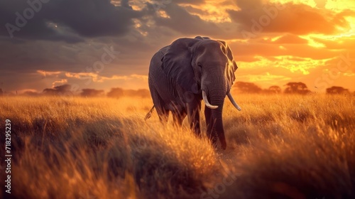  an elephant standing in a field with the sun setting in the background and clouds in the sky over the top of the field is a field of tall grass and yellow grass.