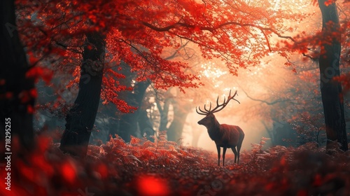  a deer standing in the middle of a forest with red leaves on the ground and trees with red leaves on the ground and a deer standing in the middle of the woods.